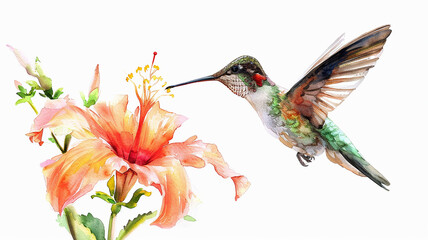 Hummingbird with hibiscus in watercolor.
