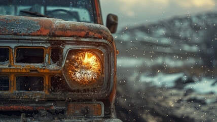 An SUV with a lit headlight in the snow.