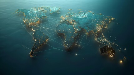 Global Connectivity: A 3D vector illustration of a world map with lines connecting cities and continent - obrazy, fototapety, plakaty
