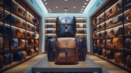 Artistic Store Display of Fine Leather Backpacks