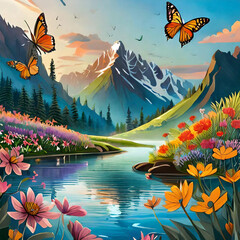 나비와 꽃과 산과 강의 멋진 풍경
