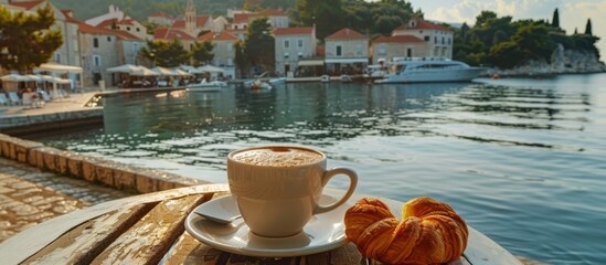 Espresso and pastries are enjoyed leisurely, following Croatian cafe traditions by the sea. - obrazy, fototapety, plakaty
