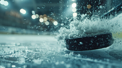 Hockey puck on ice with splash - obrazy, fototapety, plakaty