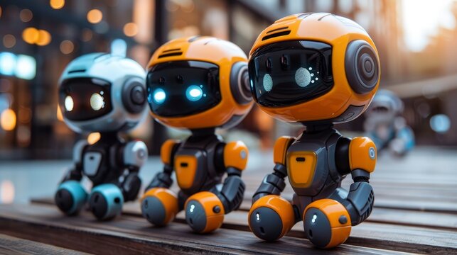 Three small robots sitting on a wooden railing in front of an out of focus city background