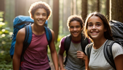 Happy group of kids spending time outdoor in forest, exploring nature together.