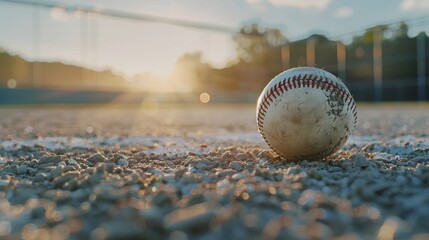 A close up of a baseball on the field at sunset. - obrazy, fototapety, plakaty