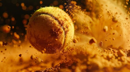 A close up of a tennis ball bouncing on a clay court. - obrazy, fototapety, plakaty