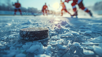 A hockey puck on ice with players in background - obrazy, fototapety, plakaty
