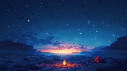 Travel and Exploration: A 3D vector illustration of a traveler camping under the stars in a desert - obrazy, fototapety, plakaty