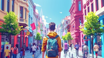 Obraz na płótnie Canvas Travel and Exploration: A 3D vector illustration of a traveler exploring a bustling city street