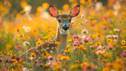 A deer in a blooming meadow.