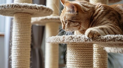 A ginger cat on a cat tree looking down