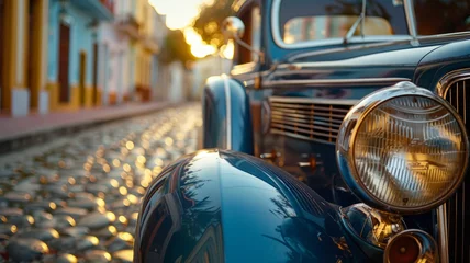Zelfklevend Fotobehang Vintage car on cobblestone street. © SashaMagic
