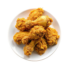 Golden brown fried chicken drumsticks on white plate, Isolated on transparent background