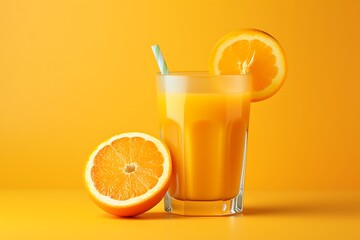 Glass of fresh orange juice and sliced orange on yellow background