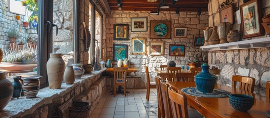 Local artwork and pottery showcase Croatian craftsmanship in Mediterranean-style cafes. - obrazy, fototapety, plakaty