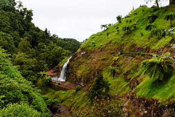 Waterfall in Parque Natural da Ribeira dos Caldeiroes in Sao Miguel Island, Azores - 784634332