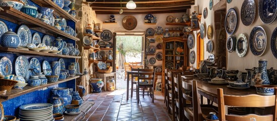 Local artwork and pottery showcase Croatian craftsmanship in Mediterranean-style cafes - obrazy, fototapety, plakaty