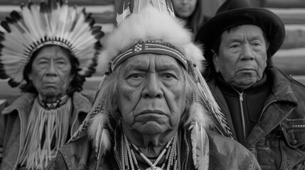 Fototapeta premium A group of Native Americans standing in close proximity to each other, showcasing traditional attire and cultural unity