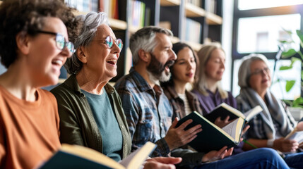 A diverse group of adults animatedly discuss a book together, sharing laughter and insights in a cozy library setting