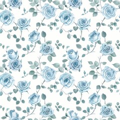 Serene Blue Roses and Greenery Seamless Pattern Design