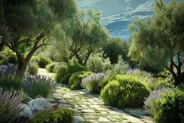Obraz premium Lush greenery with olive trees, lavender, and rosemary, evoking a serene Mediterranean garden in Greece
