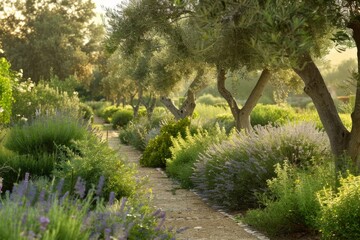 Lush greenery with olive trees, lavender, and rosemary, evoking a serene Mediterranean garden in Greece