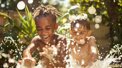 Two kids joyfully splashing and playing in a pool of water on a sunny day