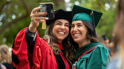 Two jubilant graduates in red and green academic dress capture a selfie to commemorate their graduation day