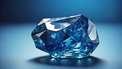 A captivating deep blue crystal rests elegantly on a matching blue background, showcasing its intricate facets