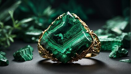 An opulent emerald crystal encased in a golden ring, surrounded by raw gem fragments, exuding luxury and finery - obrazy, fototapety, plakaty