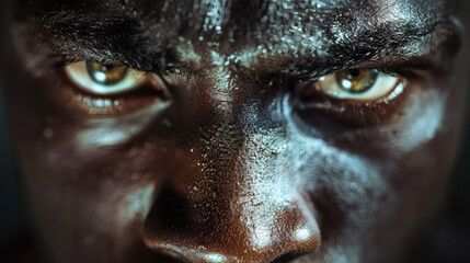 A close-up shot capturing the face of a man with striking yellow eyes
