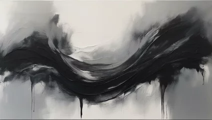 Fotobehang This monochromatic abstract art piece features dynamic fluid shapes, suggesting movement and emotion across the canvas © ArtistiKa