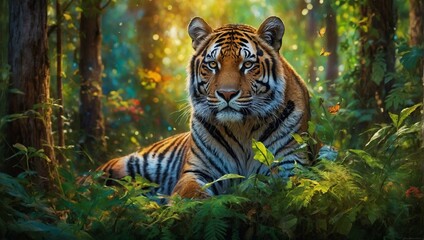 A captivating portrait of a majestic tiger lying in a dense, green forest, with sunlight filtering through the trees