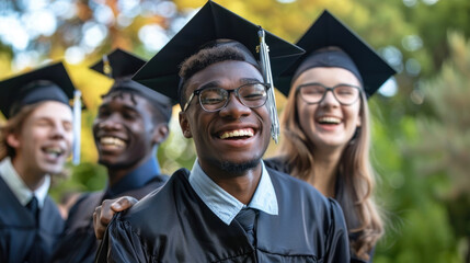 A diverse group of individuals wearing graduation caps and gowns, standing together for a celebratory occasion
