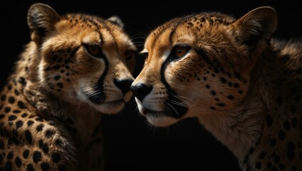 Capturing the striking similarity and mirrored stance of two cheetahs in a close-up, on a dark background