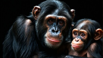 Detailed image capturing the subtle interaction between two chimpanzees against a dark backdrop - obrazy, fototapety, plakaty
