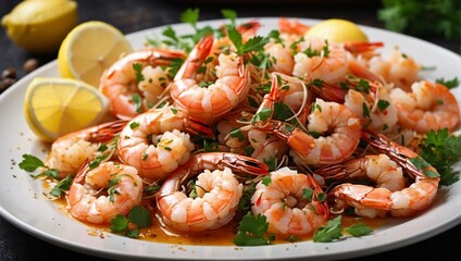 A plate filled with succulent shrimp garnished with fresh herbs and lemon wedges, prepared for a savory seafood meal - obrazy, fototapety, plakaty