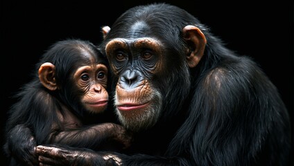 Two chimpanzees hugging each other with visible emotion and tenderness on a black background