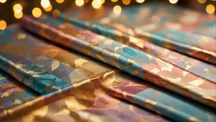 Festive decorative wrapping paper rolls with golden accents and twinkle lights