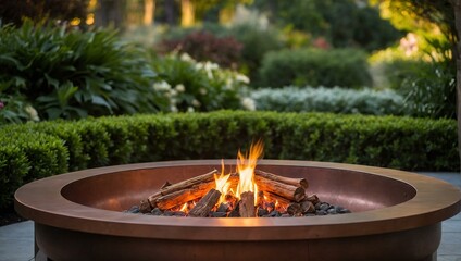 A beautifully crafted copper fire pit ablaze with flames, set in a well-manicured garden during twilight, providing warmth and ambiance - obrazy, fototapety, plakaty