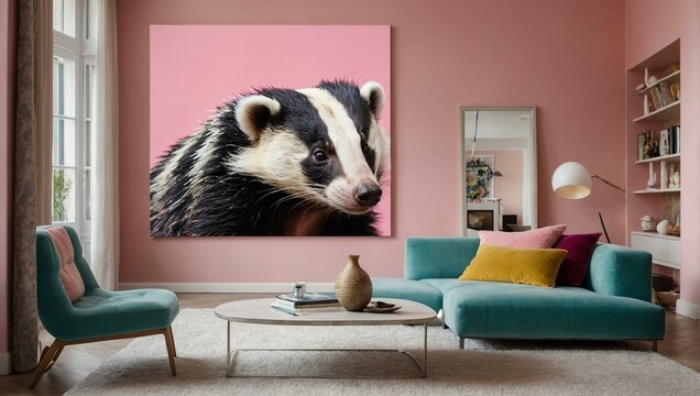 A striking image of a badger portrait set against the background of a stylish modern living room