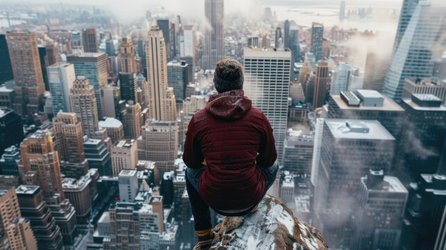 A man is seen sitting on the edge of a tall urban building, overlooking the cityscape below