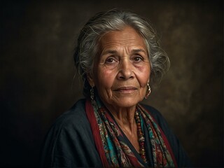 An elderly woman with gray hair exhibits a dignified and introspective expression, her stories etched in her face