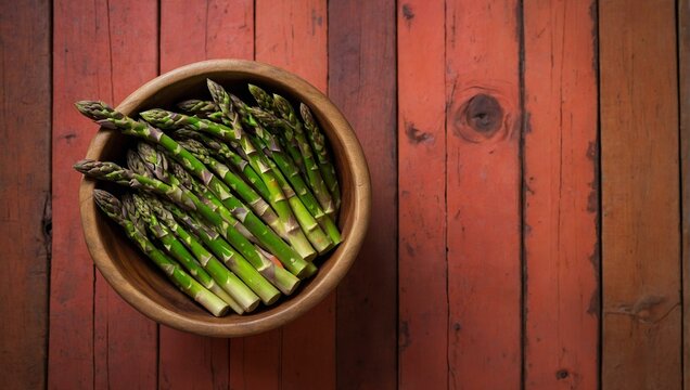 Fresh green asparagus arranged beautifully in a wooden bowl against a rustic red wooden background, depicting organic food