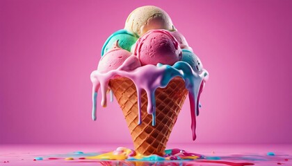 大き過ぎて溶けている、コーンのアイスクリームの楽しいイメージ - obrazy, fototapety, plakaty