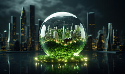 Urban landscape in a ball against the background of the city.