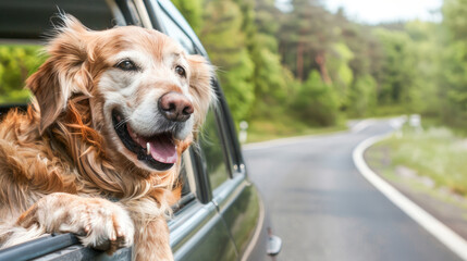 Golden retriever looking out of the opened window of the moving car, outdoor travel, road background
