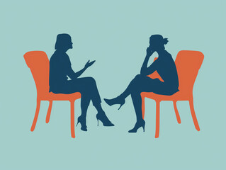 Two women sitting opposite each other in profile and talking. Vector blue silhouettes on orange chairs on blue background. Concept of a psychological counseling specialist. - 784635900