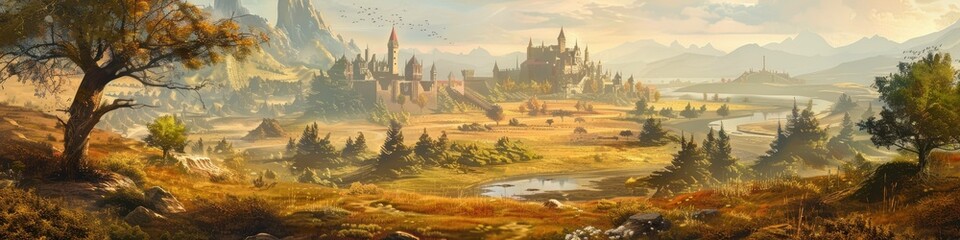 Fantasy Castle in Autumnal RPG Landscape for Game Design and Storytelling Backgrounds - obrazy, fototapety, plakaty